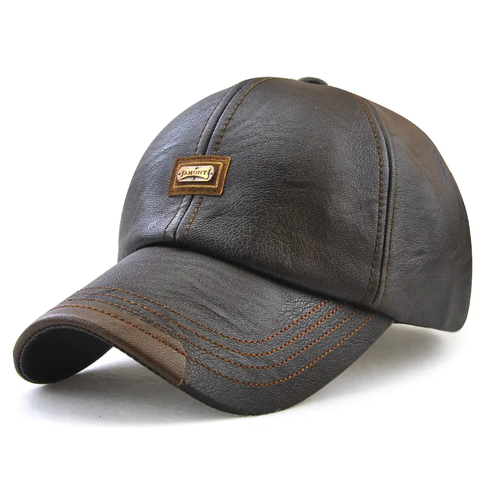 V&J Genuine Cowhide Leather Baseball Cap for Fall Winter Outdoor Sports Hat