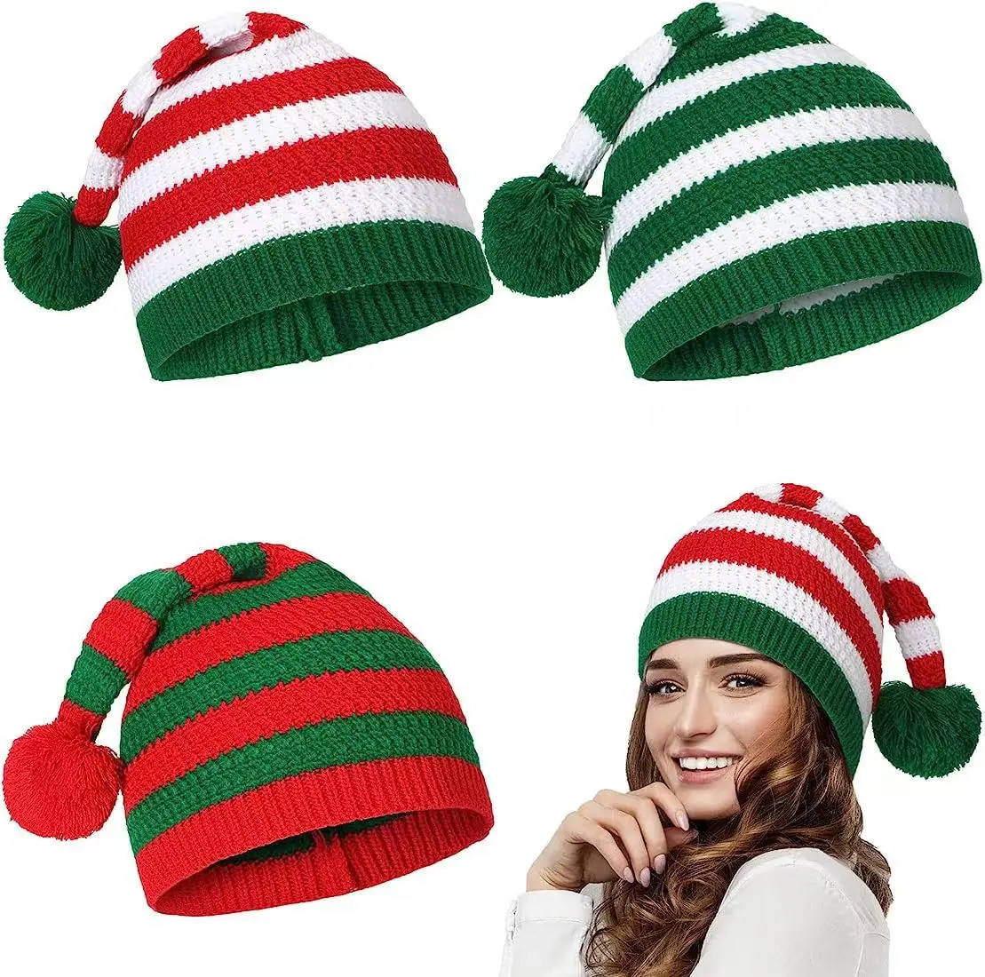 V&J Acrylic Cuffed Pom Pom Slouchy Winter Hat Knit Christmas Beanie