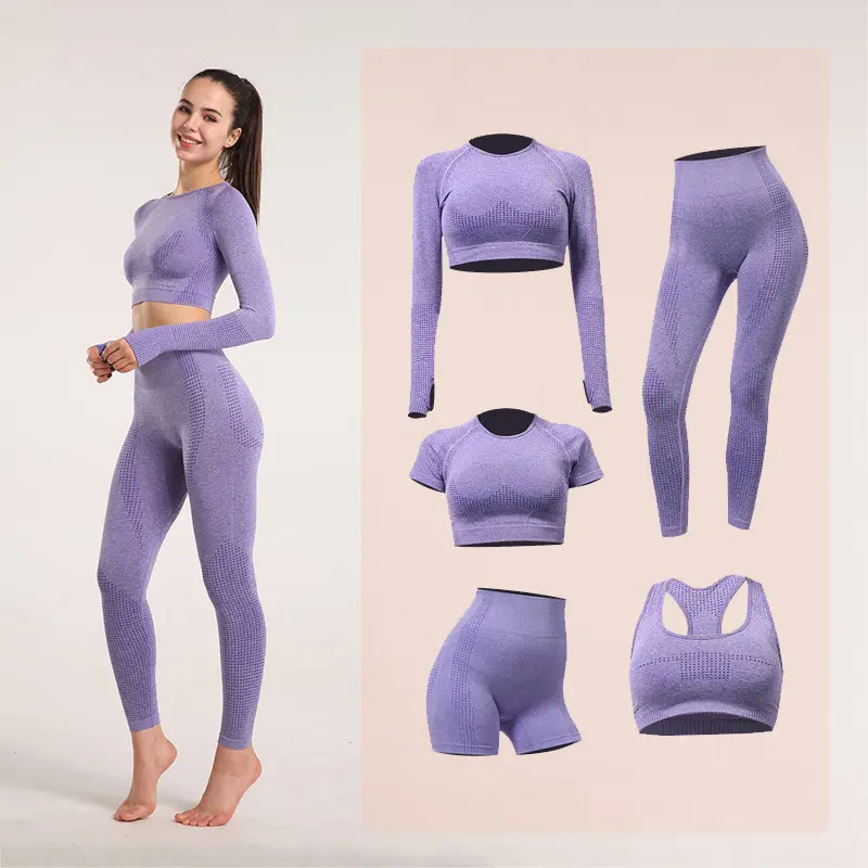 V&J 5 Piece Slim Fit T Shirt Bra High Waist Leggings Fitness Yoga Sets