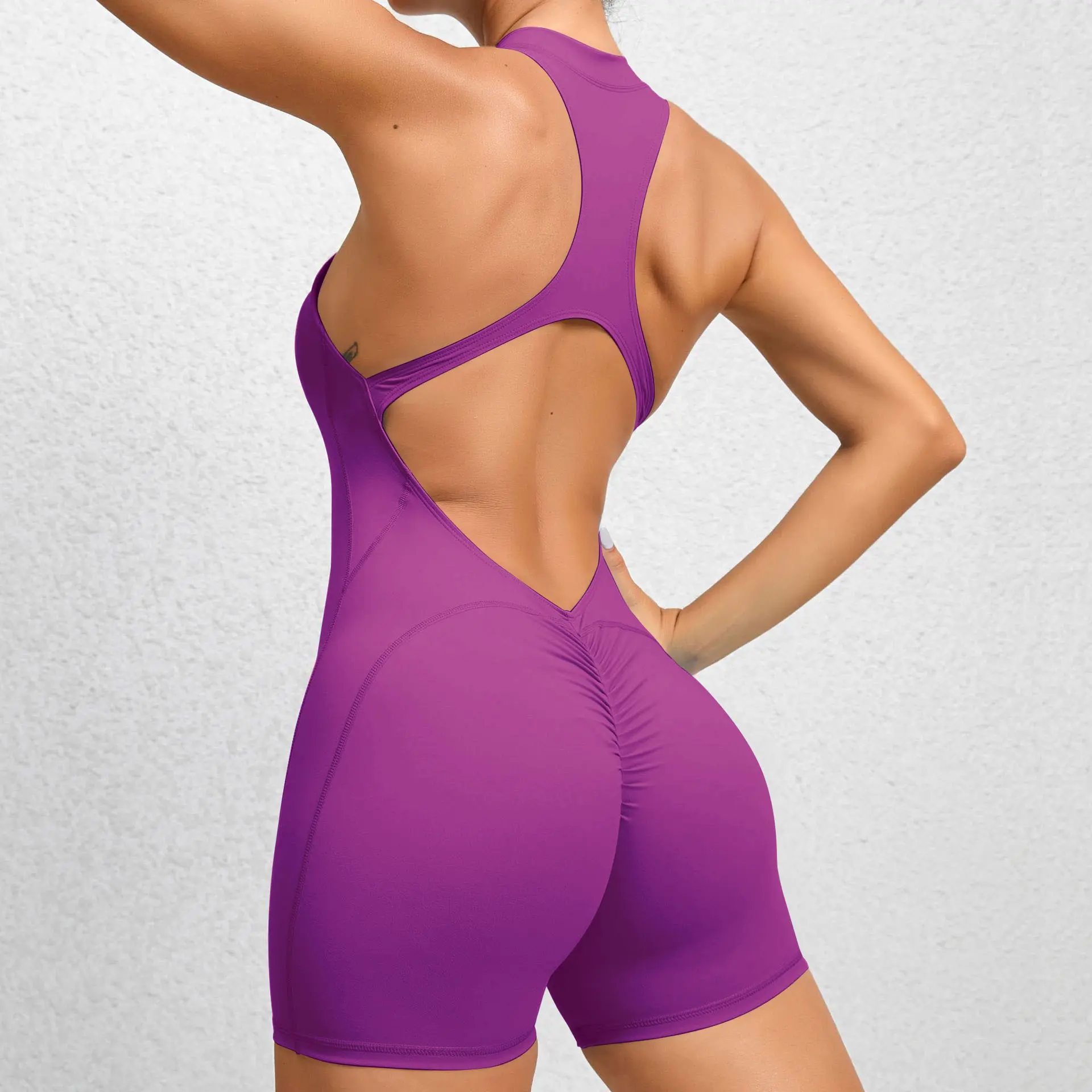 V&J Sexy Backless One Piece Workout Jumpsuits Sleeveless V Back Scrunch Yoga Romper