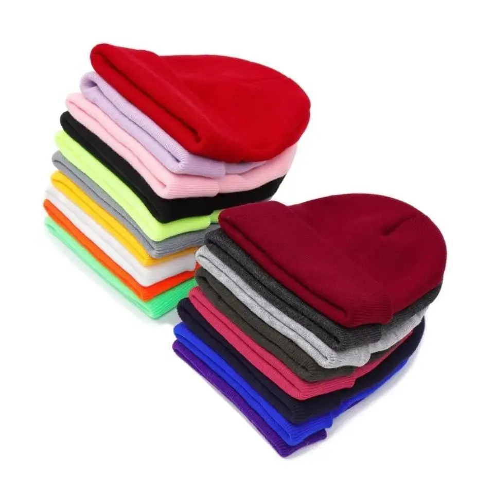 V&J Blank Winter Hat Custom Logo Acrylic Plain Knitted Cuffed Beanie