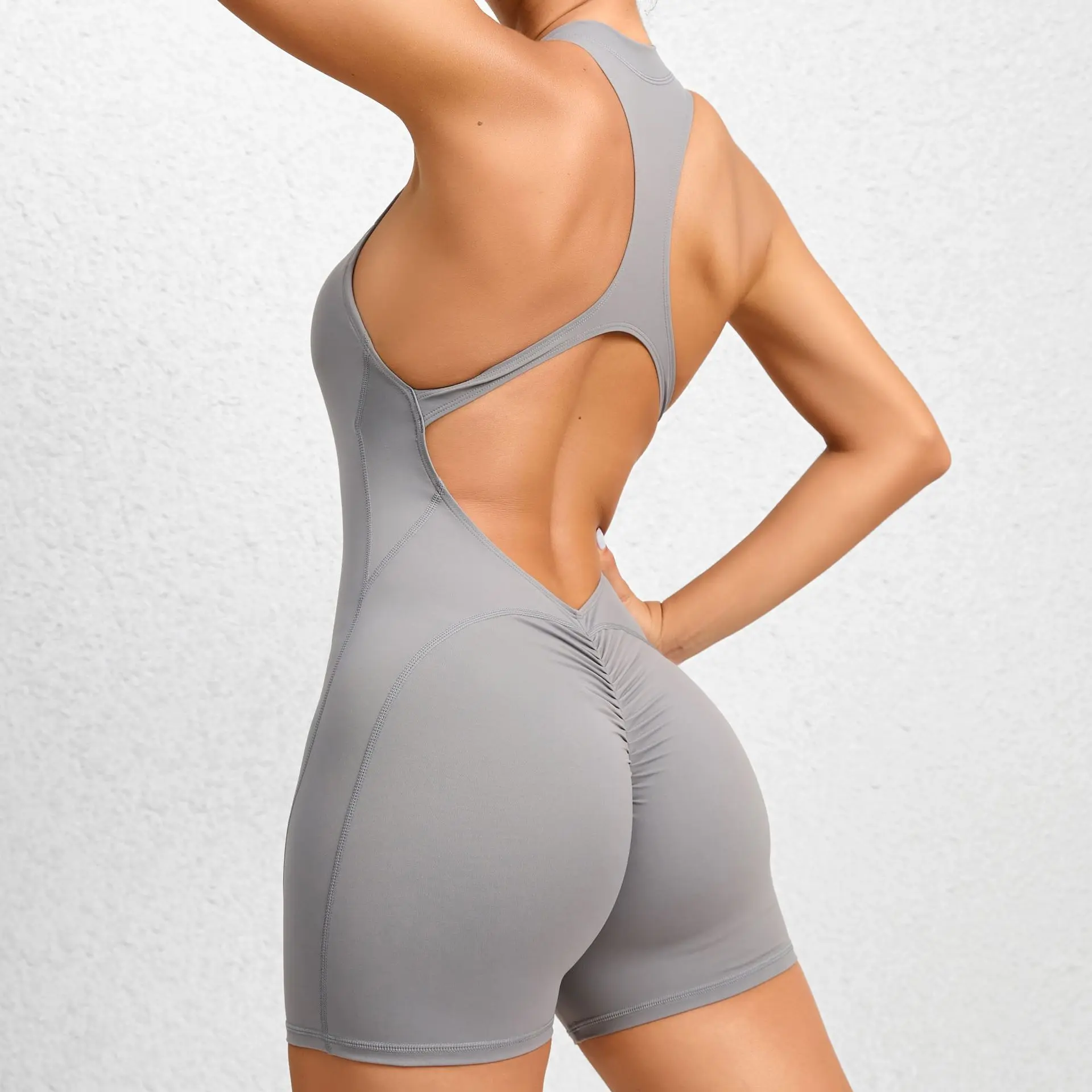 V&J Sexy Backless One Piece Workout Jumpsuits Sleeveless V Back Scrunch Yoga Romper